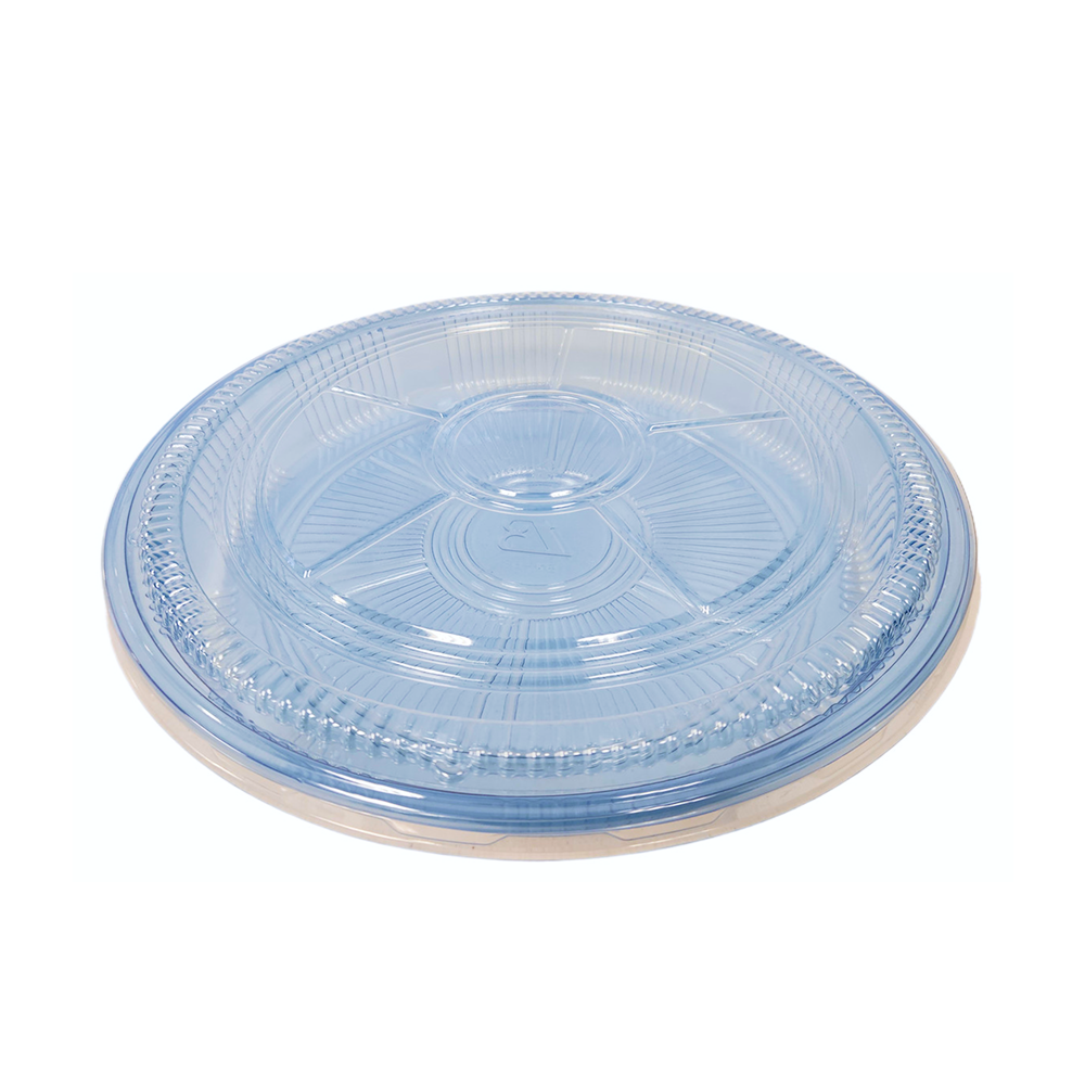 Blue plastic platter with clear lid on a white background