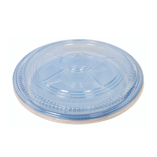 Blue plastic platter with clear lid on a white background