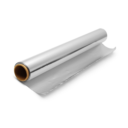 Roll of aluminum foil wrap on a white background