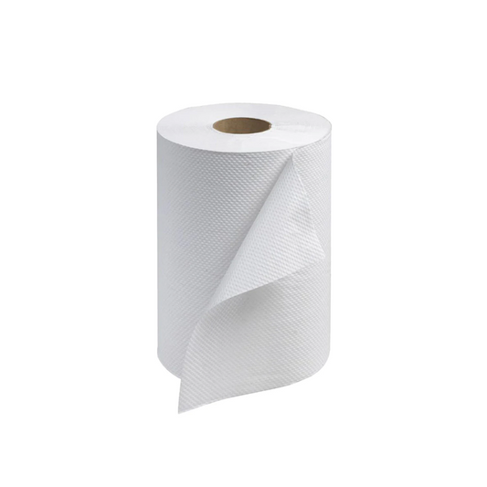 Roll of white paper hand towels on a white background