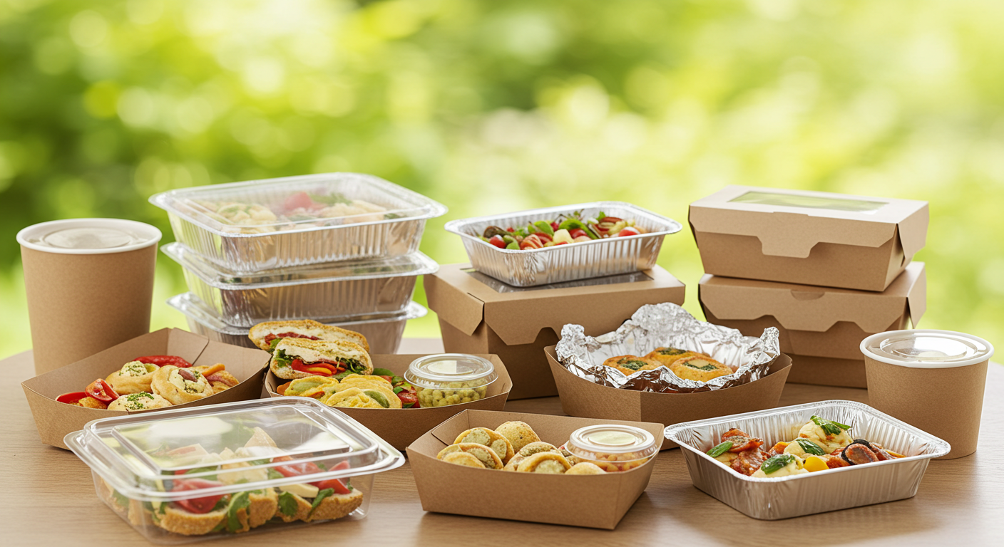 food in varies takeout containers on wooden table with green leaves background