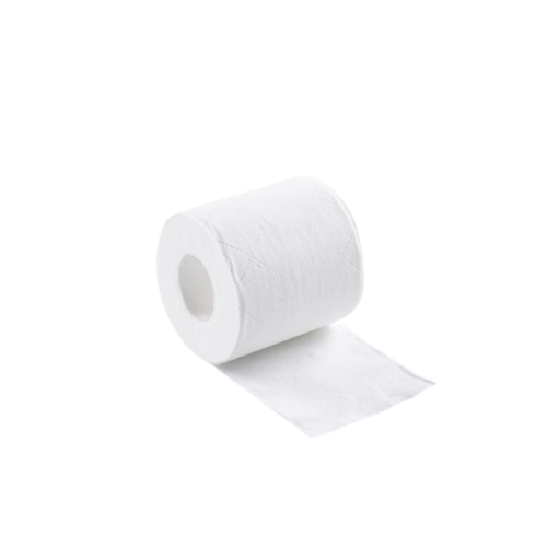 Roll of white bathroom tissue on white background