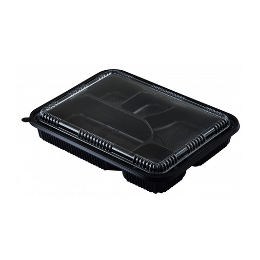 Black plastic food container with 5 compartment and lid on a white background